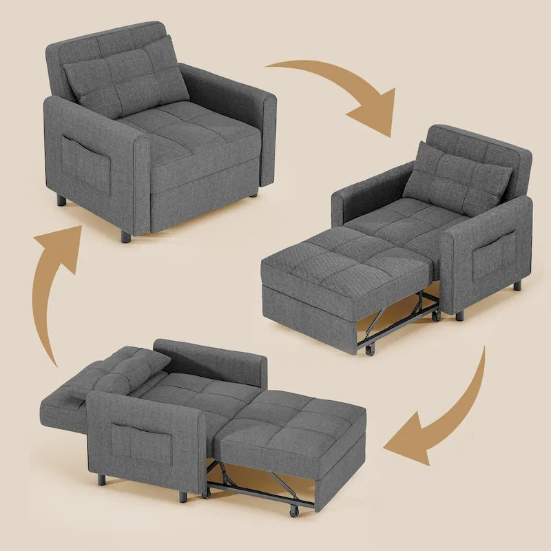 3-in-1 slaapstoel met uitschuifbaar slaapbankbed, verstelbare, opvouwbare, gestoffeerde loungedivan