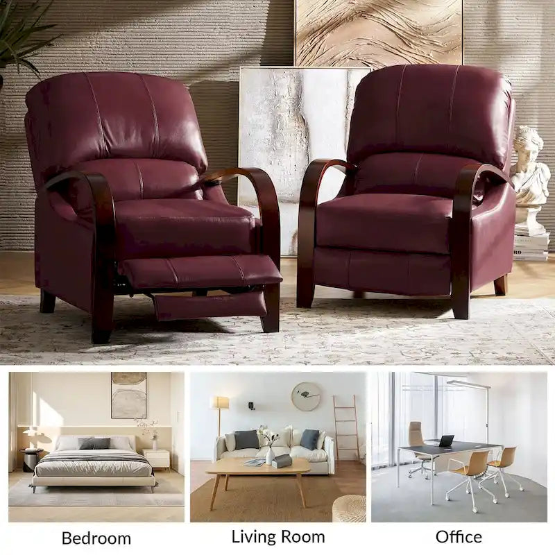 Alex moderner Relaxsessel im Mid-Century-Stil aus echtem Zigarrenleder mit manueller Verstellung und geschwungenen Holzarmlehnen