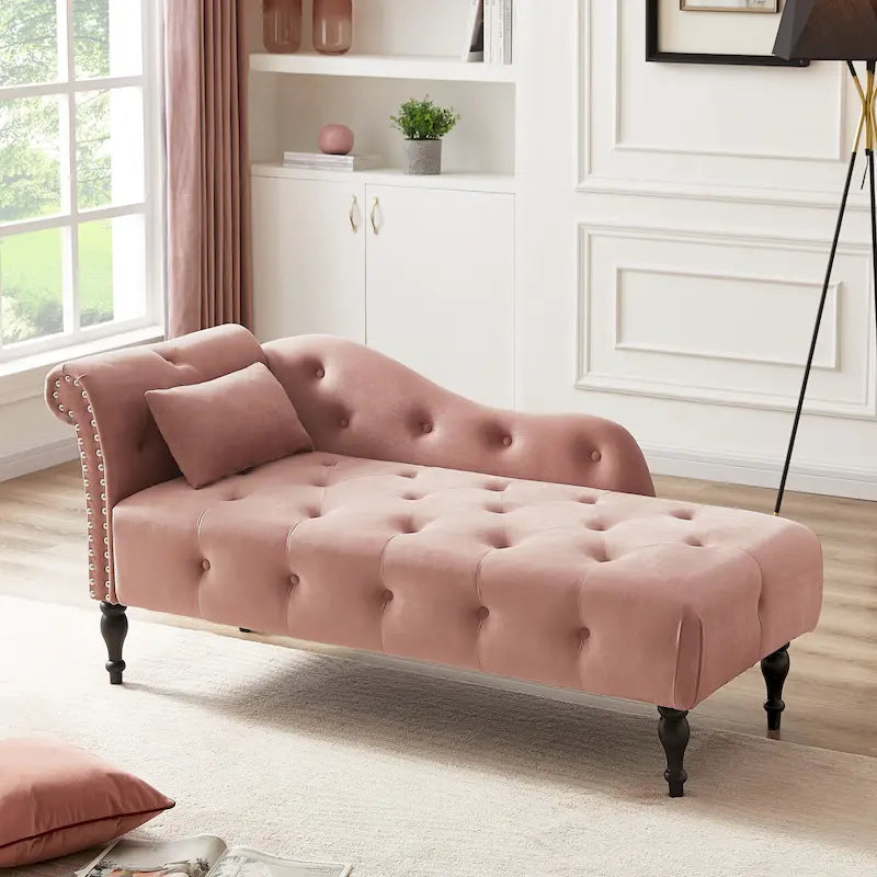 Chaise longue moderne de 60,6 po, capitonnée en velours avec boutons, pieds en bois massif et clous décoratifs
