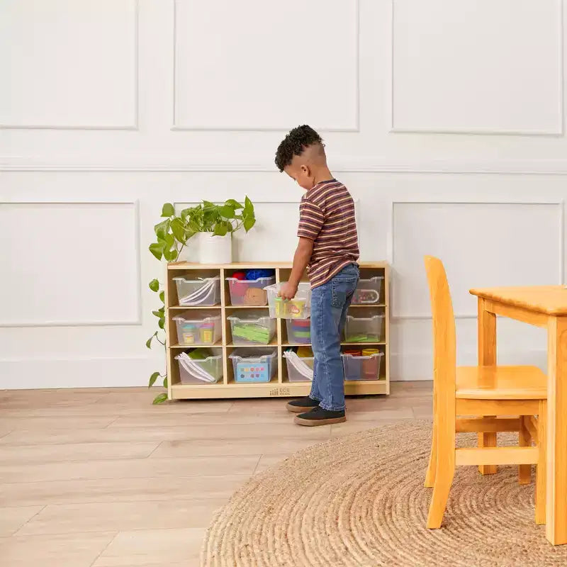Meuble mobile à plateaux avec casiers et 15 bacs frontaux à ouverture en forme de cuillère, 3 x 4, mobilier pour enfants