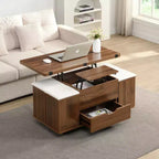 Table basse moderne multifonctionnelle relevable avec rangement dissimulé, 4 tabourets et roulettes, idéale pour les espaces de vie modernes