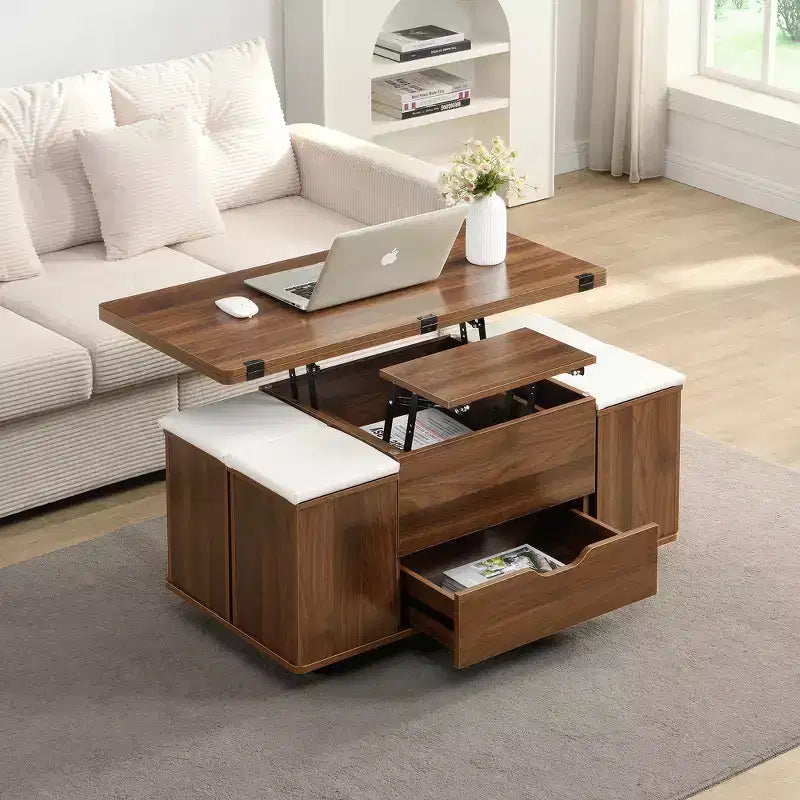 Table basse moderne multifonctionnelle relevable avec rangement dissimulé, 4 tabourets et roulettes, idéale pour les espaces de vie modernes