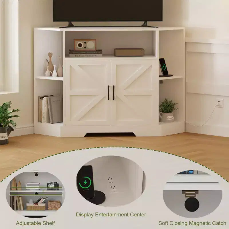 Eck-TV-Ständer für Fernseher bis 55 Zoll, Medienkonsole im Landhausstil mit Scheunentür, offenen Regalen und Stauraumschrank, Weiß