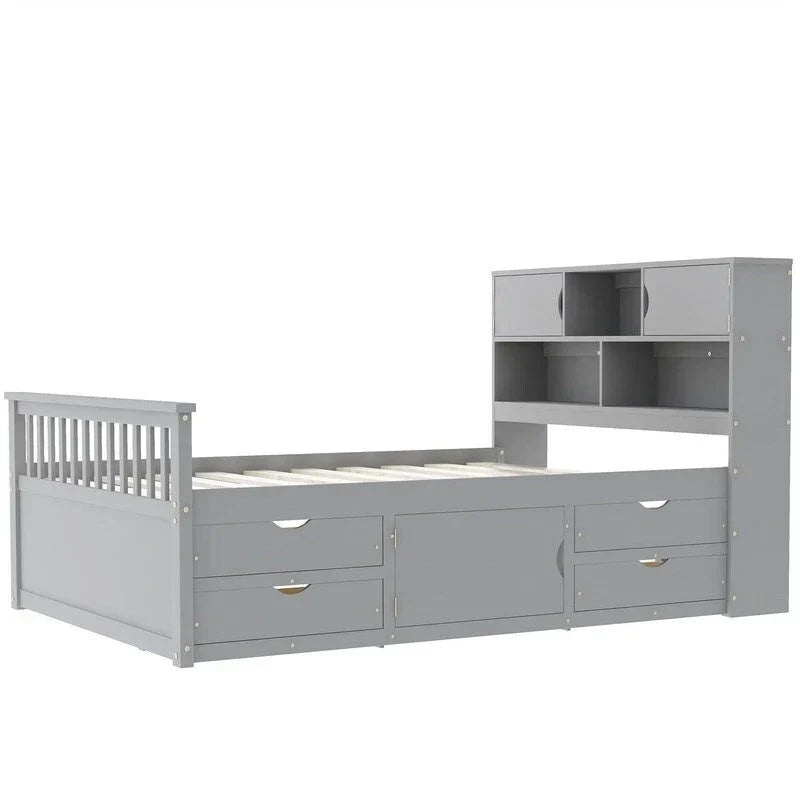 Lit plateforme de capitaine Twin/Full avec 4 tiroirs et étagères de rangement, structure en bois massif avec tête de lit bibliothèque et rangements
