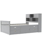 Lit plateforme de capitaine Twin/Full avec 4 tiroirs et étagères de rangement, structure en bois massif avec tête de lit bibliothèque et rangements