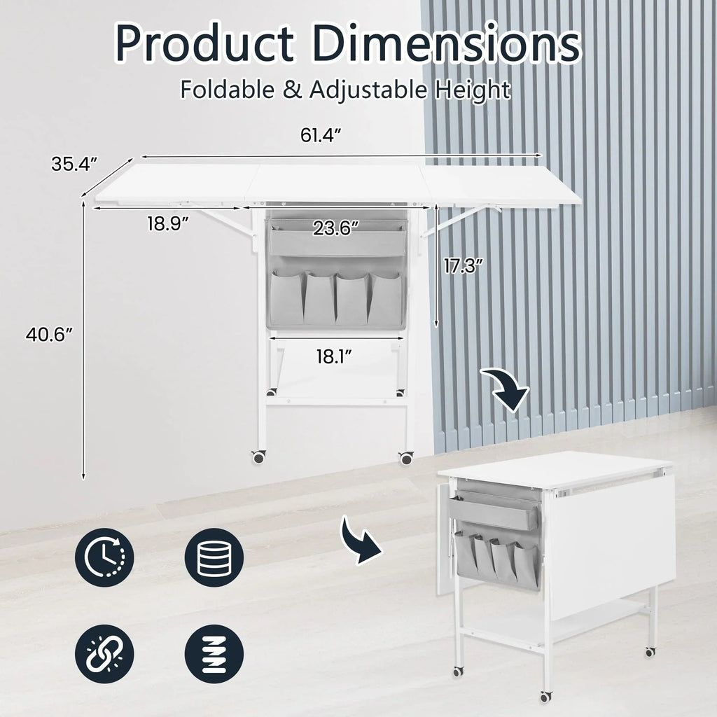 Table de bricolage réglable en hauteur avec étagères de rangement, table de découpe pliante mobile pour bureau à domicile, salle de couture ou atelier créatif