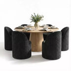 Modern Dining Table Set For 6, Round Pedestal Dining Table, Swivel Rolling Barrel Chairs With Wheels, Textured Chenille- Panipeachy
