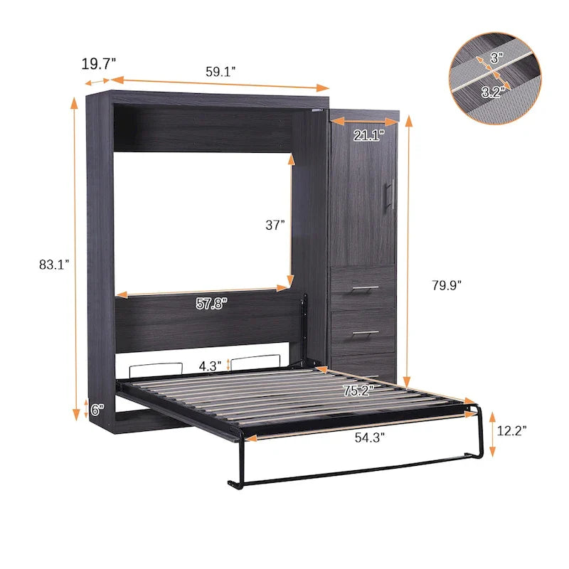 Graues klappbares Schrankbett mit Kleiderschrank und 3 Schubladen, Doppelbett/Einzelbett, für 1 Person