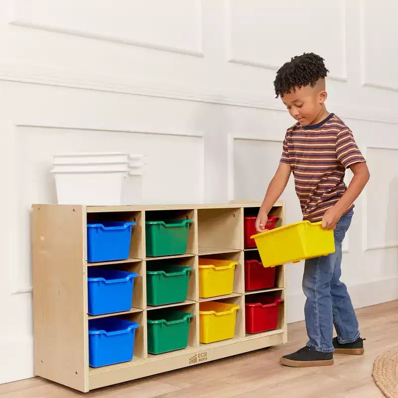 Meuble mobile à plateaux avec casiers et 15 bacs frontaux à ouverture en forme de cuillère, 3 x 4, mobilier pour enfants