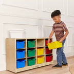 Meuble mobile à plateaux avec casiers et 15 bacs frontaux à ouverture en forme de cuillère, 3 x 4, mobilier pour enfants