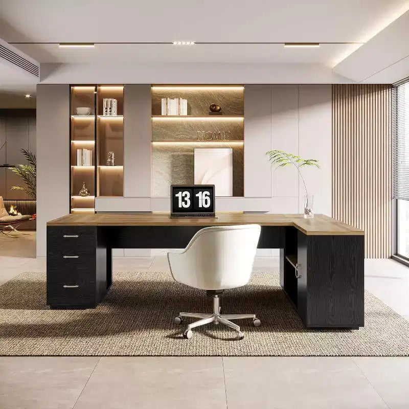 Grand bureau de direction en L Lantine 85.8, bureau d’ordinateur extra-large avec tiroirs pour dossiers, pour bureau à domicile