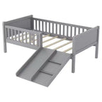 Whisen Twin Size Low Loft Bed Frame for Kids with Slide, Movable Bookshelf Storage, Guardrails, Low Loft Bed Frame
