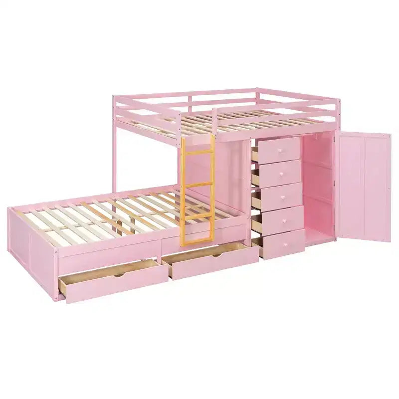 Modern stapelbed voor twee tweepersoonsmatrassen met ingebouwde kledingkast en 7 opbergladen