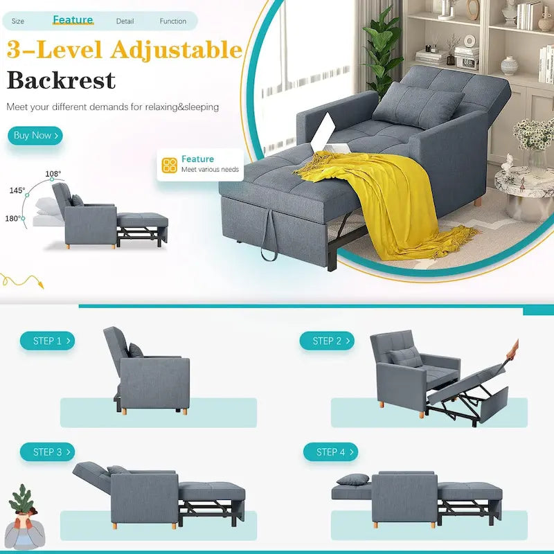 AECOJOY 3-in-1-Schlafsofa-Sessel mit Kissen und verstellbarer Rückenlehne