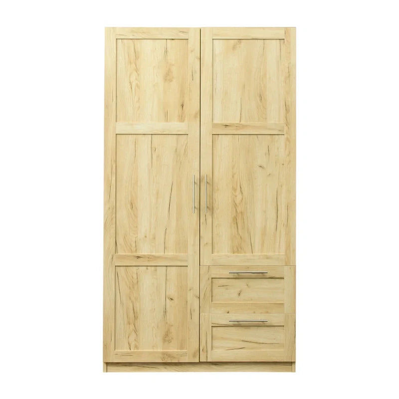 Armoire-penderie en bois blanc avec portes, tiroirs et tringle