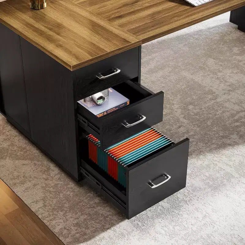 Grand bureau de direction en L Lantine 85.8, bureau d’ordinateur extra-large avec tiroirs pour dossiers, pour bureau à domicile