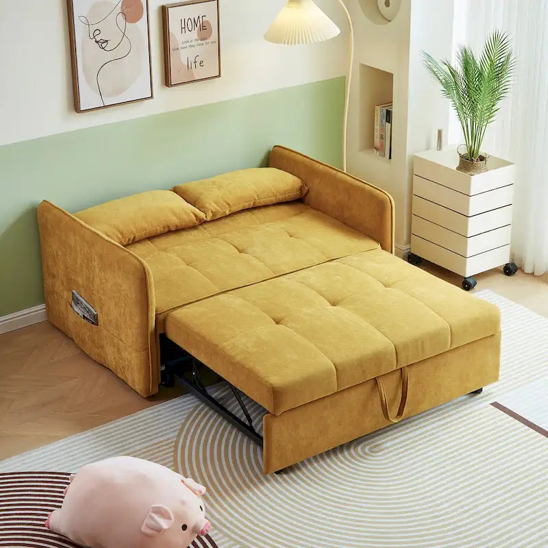 Gelbes Schlafsofa aus Chenille-Stoff mit Ausziehfunktion – 39.00 x 53.50 x 31.50