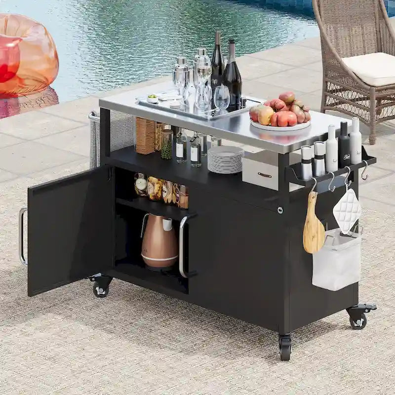 Outdoor-Kücheninsel mit Edelstahl-Tischplatte, Metall-Grillwagen-Tisch mit Stauraumfach – N/A