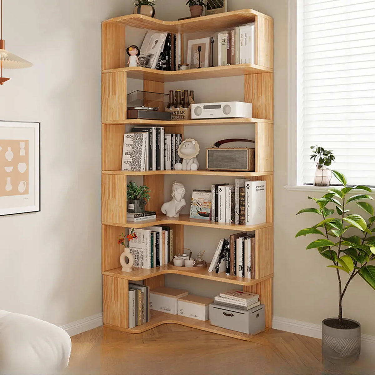 Boekenkast van hout met natuurlijke afwerking, L-vormig, verticaal en met open achterzijde
