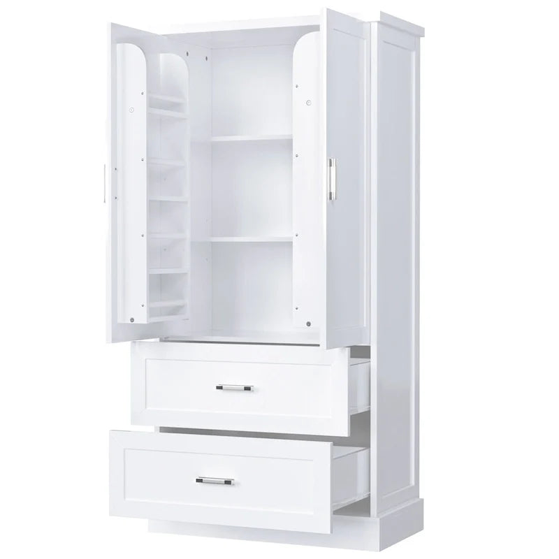 Armoire haute de rangement pour salle de bains, avec deux portes et tiroirs, étagère réglable, panneau MDF