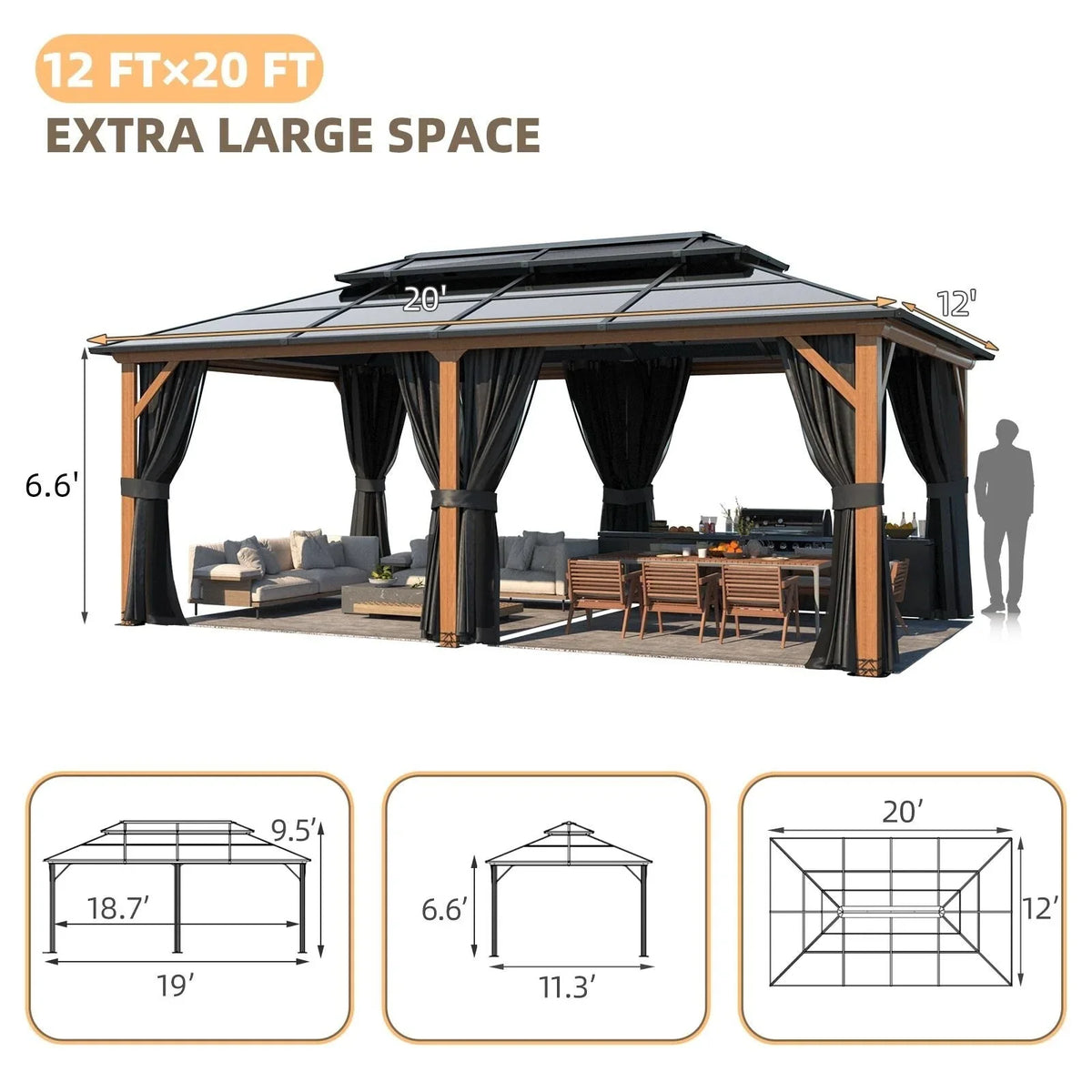 EROMMY Pavillon mit festem Dach, Outdoor-Pergola mit Doppeldach, Netzvorhängen und Vorhängen, robustes Vordach für Terrasse, Garten und Poolpartys