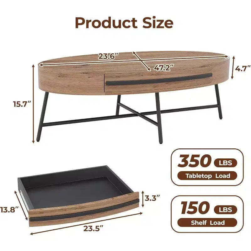 Acekool ovale salontafel met lade, houten opbergtafel van 47,2 met metalen kruispoten, moderne tafel in mid-century-stijl in naturel en goudkleurig wilgenhout