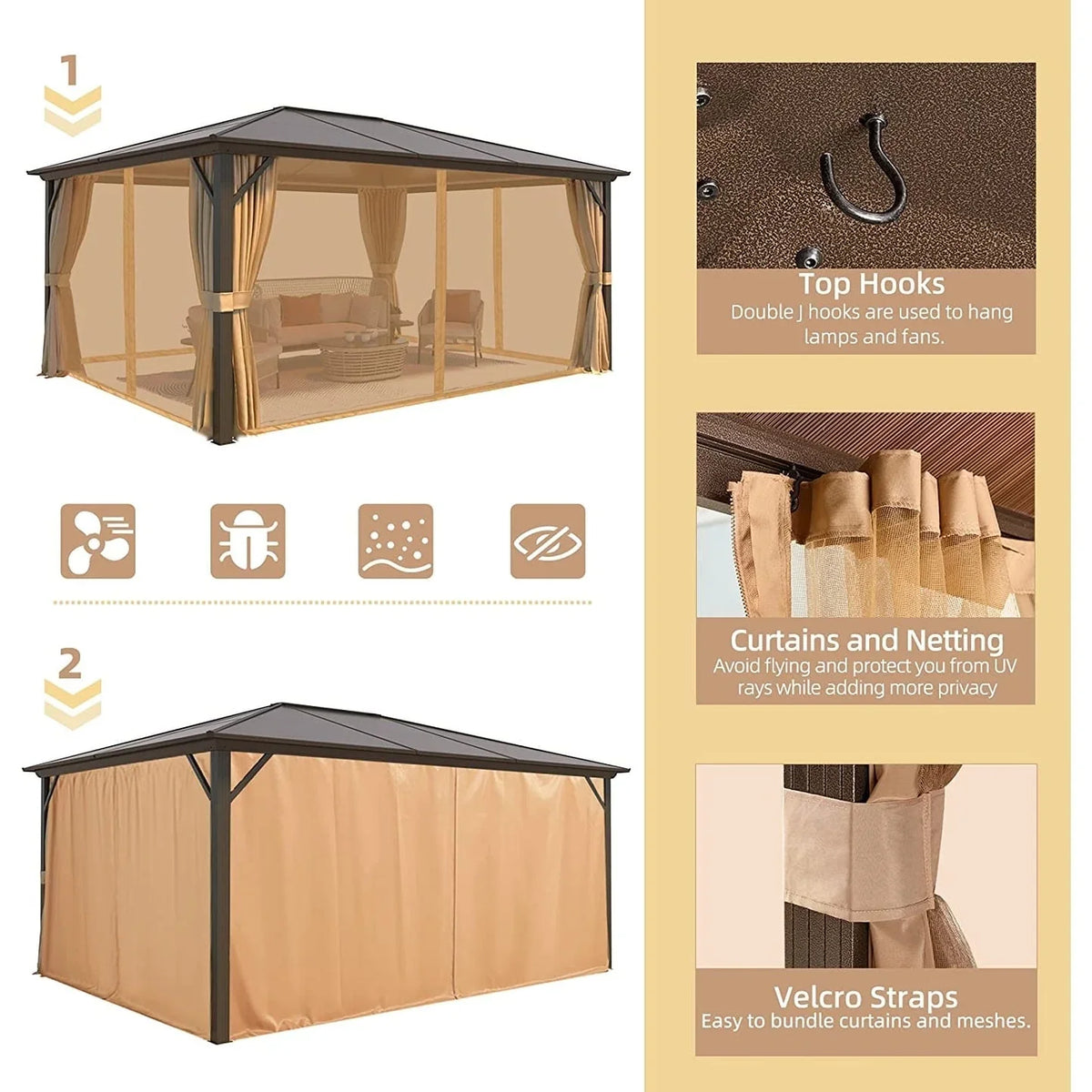 EROMMY Pavillon mit festem Dach, Outdoor-Pergola mit Doppeldach, Netzvorhängen und Vorhängen, robustes Vordach für Terrasse, Garten und Poolpartys