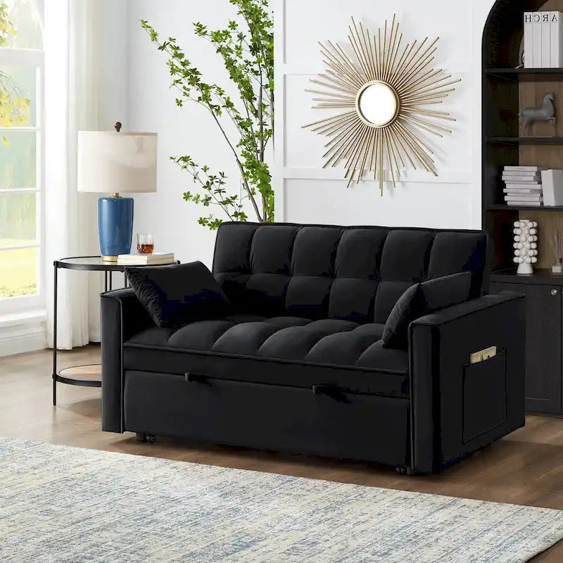 Loveseat-Schlafsofa 4-in-1 mit Armlehnen und Aufbewahrungstaschen, multifunktionales getuftetes Ausziehsofa mit verstellbarer Rückenlehne