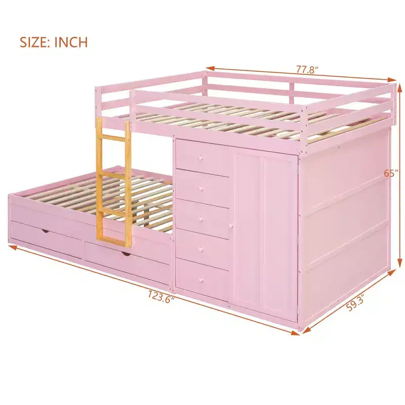 Lit superposé deux places sur deux places avec armoire de rangement et tiroirs, lit superposé en bois deux places gain de place avec barrière de sécurité pour appartement et chambre