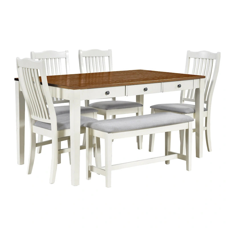6-delige houten eetkamerset met 4 stoelen en bank, tafel met lade