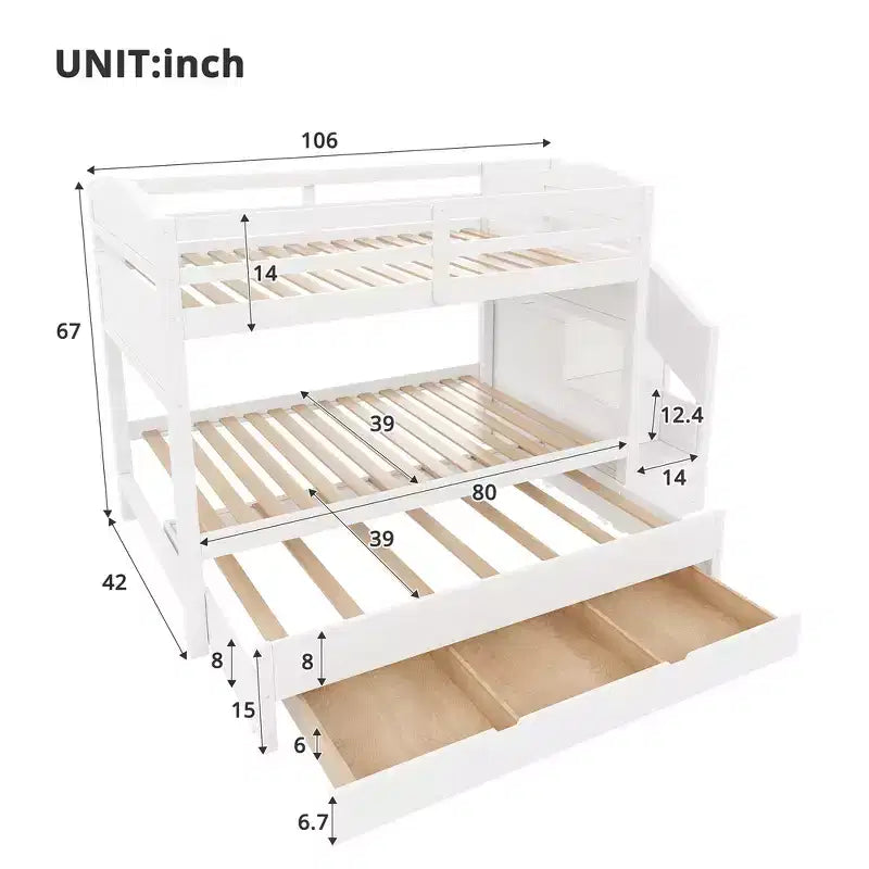 Cadre de lit superposé Whisen Twin XL avec lit gigogne, rangement, escalier de rangement en bois massif, armoire et 3 tiroirs, pour enfants