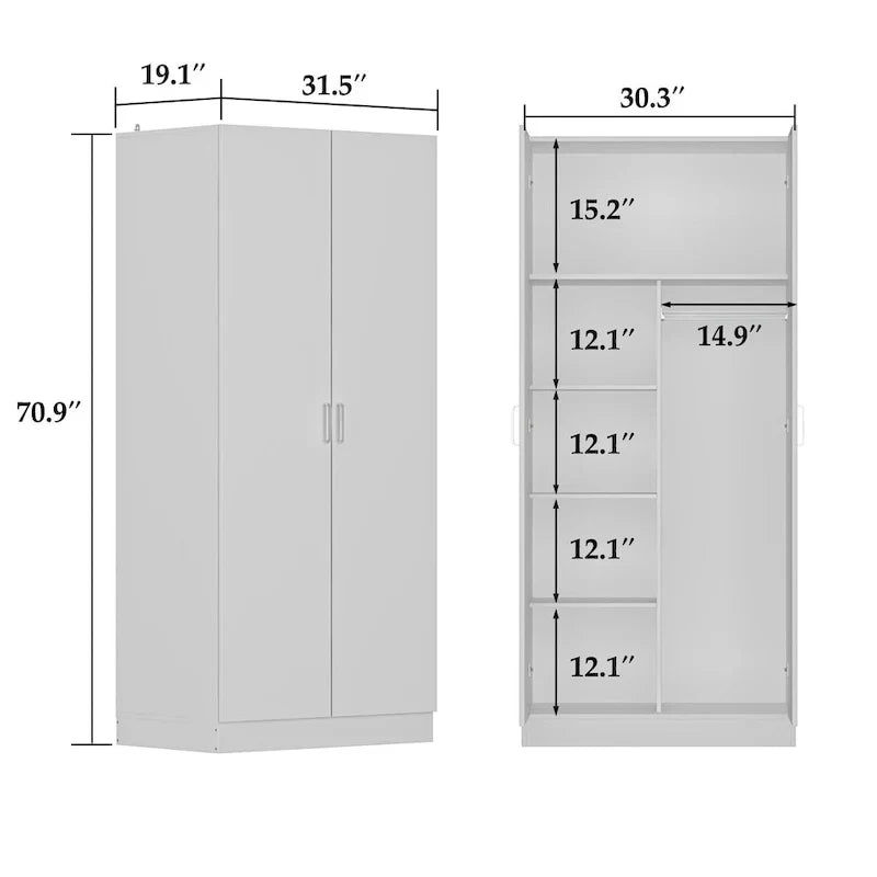 Freistehender Schlafzimmerschrank mit 2 Türen und Kleiderstange