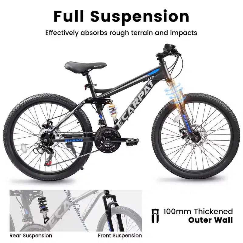 Okak 26-Zoll-Mountainbike mit Scheibenbremsen, 21-Gang-Fahrrad für Erwachsene mit robustem Rahmen und doppelter hinterer Federung, Fahrrad für das Fahren auf städtischen Straßen
