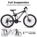 Okak 26-Zoll-Mountainbike mit Scheibenbremsen, 21-Gang-Fahrrad für Erwachsene mit robustem Rahmen und doppelter hinterer Federung, Fahrrad für das Fahren auf städtischen Straßen