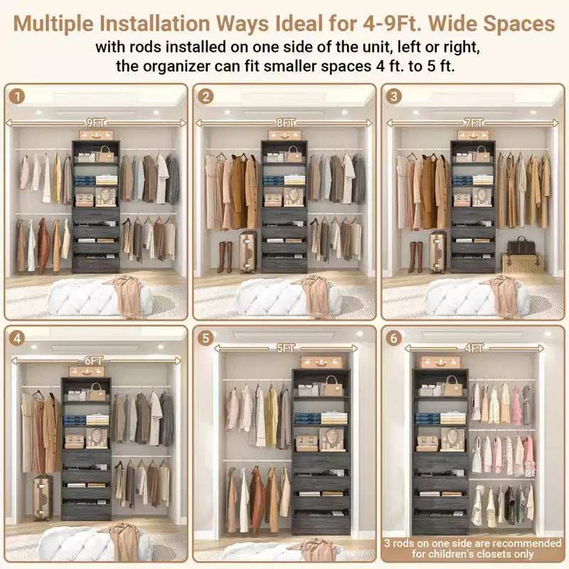 Besiost Holz-Kleiderschrank-Organizersystem für 1,2–2,7 m mit 4 Schubladen, 4 Kleiderstangen und Regaltürmen