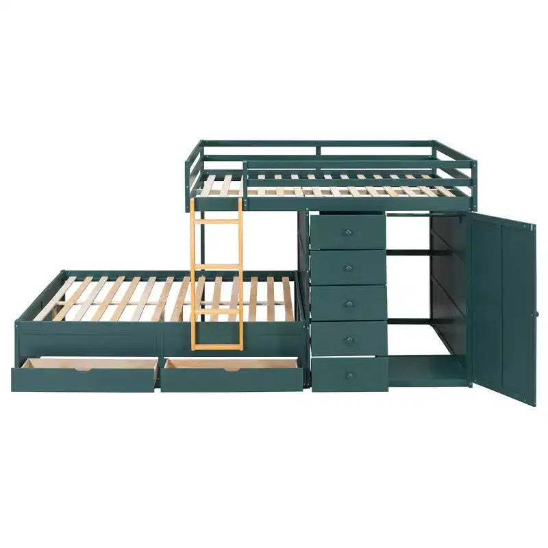 Lit superposé deux places sur deux places avec armoire de rangement et tiroirs, lit superposé en bois deux places gain de place avec barrière de sécurité pour appartement et chambre