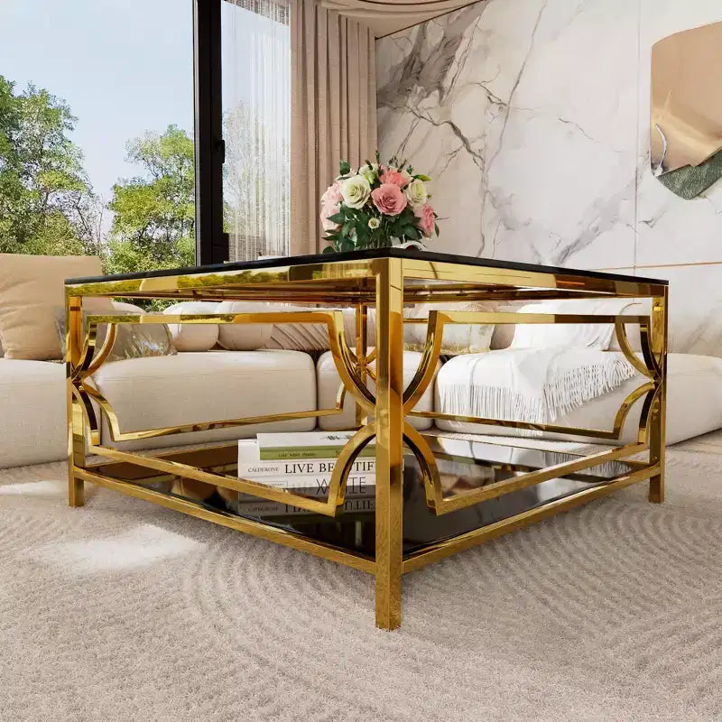 Quadratischer Couchtisch von Merax mit schwarzer oder transparenter Glasplatte und zweistöckigem Ablagefach