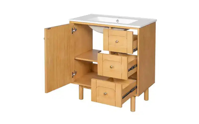 JVNOXK 30-inch rustiek-moderne keramische wastafelkast met 3 laden en 1 grote deur met softclose, opbergkast, natuurlijke houtnerf