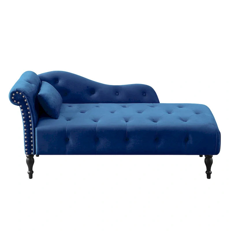 Chaise longue moderne de 60,6 po, capitonnée en velours avec boutons, pieds en bois massif et clous décoratifs