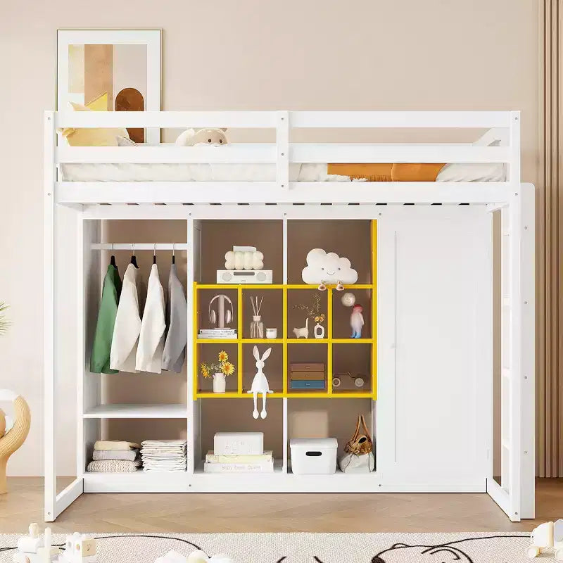 Kinder-Hochbett mit Kleiderschrank und Regalen, Hochbettgestell aus Holz mit Stauraumschrank für Kinder und Jugendliche