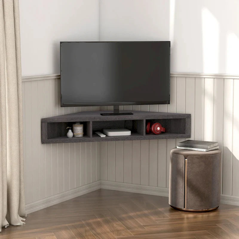 47-inch zwevend hoek-tv-meubel, 3 planken, overgangsstijl, ruimtebesparende wandmontage