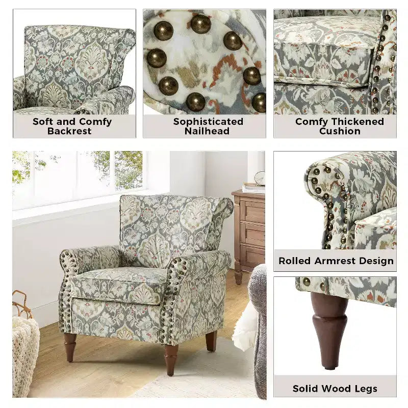 Fauteuil traditionnel Araceli en bois, rembourré à motif floral, avec dossier à oreilles et bordure cloutée| ART OF LIVING DESIGNS