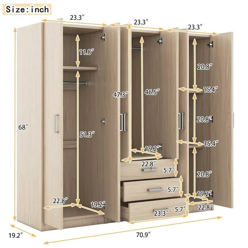 Armoire de rangement en bois à 6 portes avec 3 grands tiroirs pour chambre