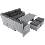Ensemble de meubles d’extérieur en rotin avec table réglable, fauteuils inclinables et 2 poufs