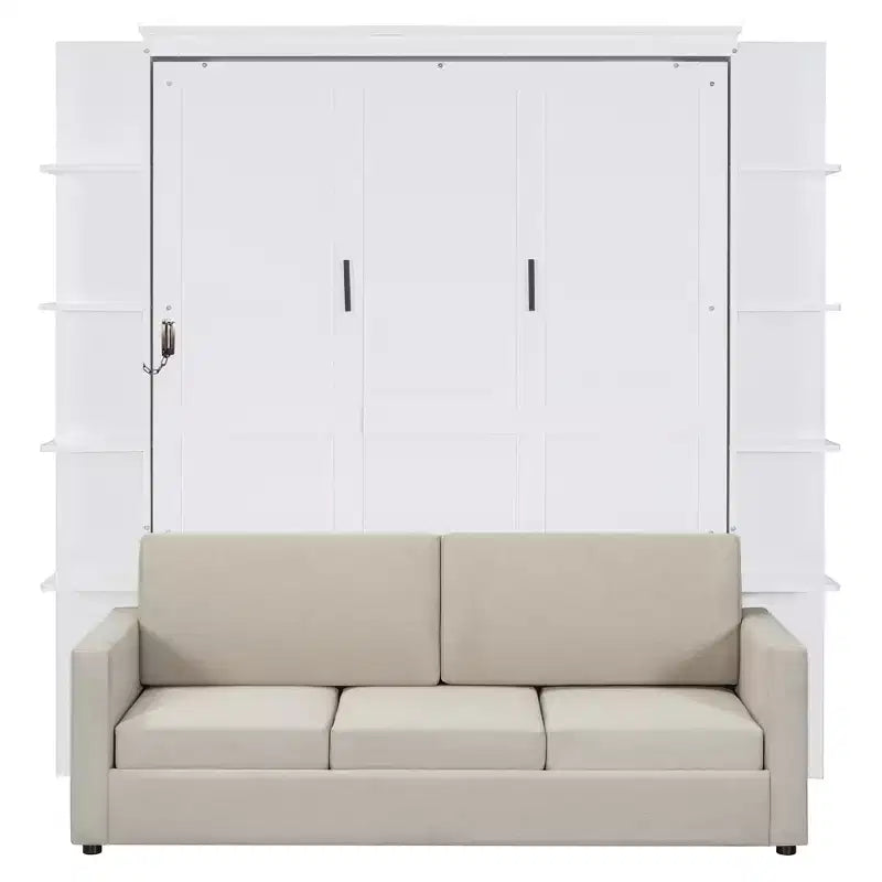 Lit escamotable mural queen size avec canapé, lit armoire pliant queen size avec bibliothèque et étagères pour chambre d’amis ou bureau