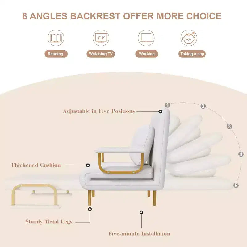 Canapé-lit pliant 3-en-1, fauteuil convertible avec dossier réglable en 5 positions et coussin, couchage gain de place pour salon, chambre et bureau (blanc)