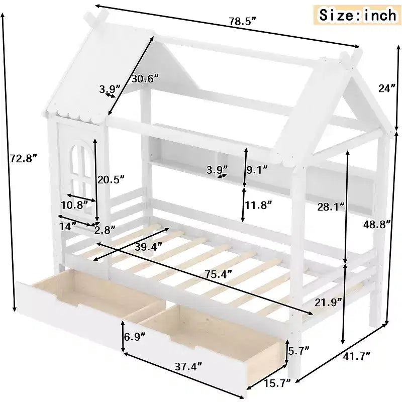 Lit plateforme en forme de maison avec tiroirs de rangement et fenêtre, cadre en bois massif avec étagères, design ludique pour enfant, blanc clair