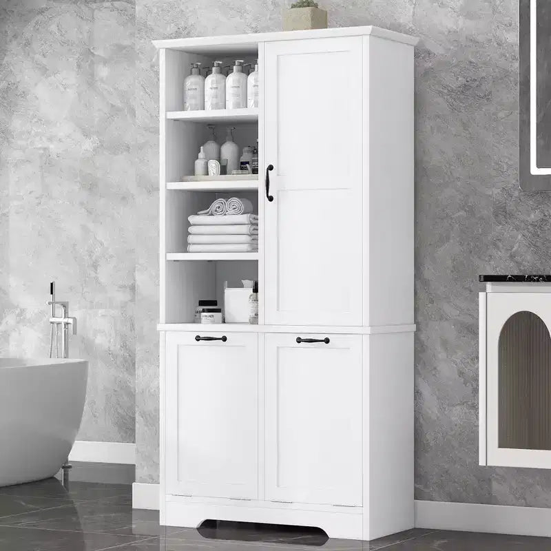 Badkamerkast met deuren en laden, uitklapbare wasmand, meerdere opbergruimtes, vrijstaand model