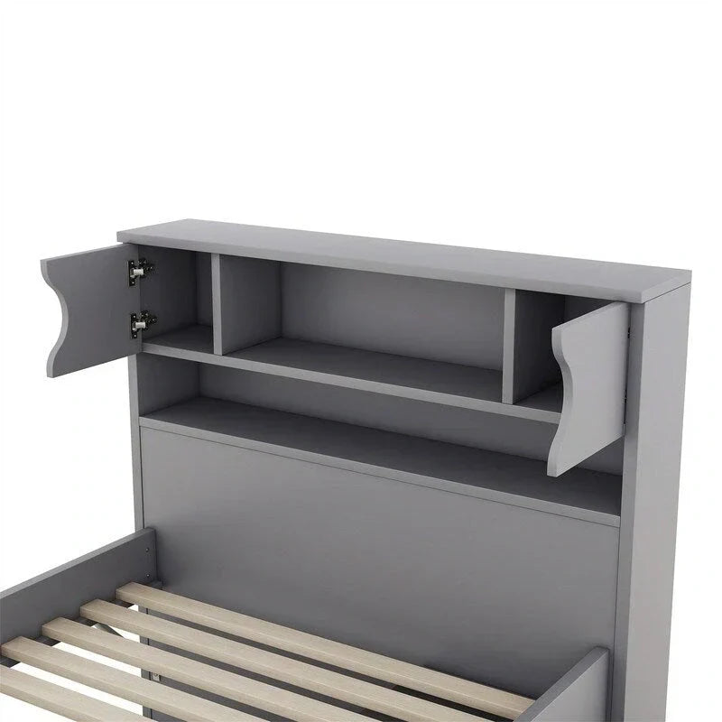Lit plateforme de capitaine Twin/Full avec 4 tiroirs et étagères de rangement, structure en bois massif avec tête de lit bibliothèque et rangements
