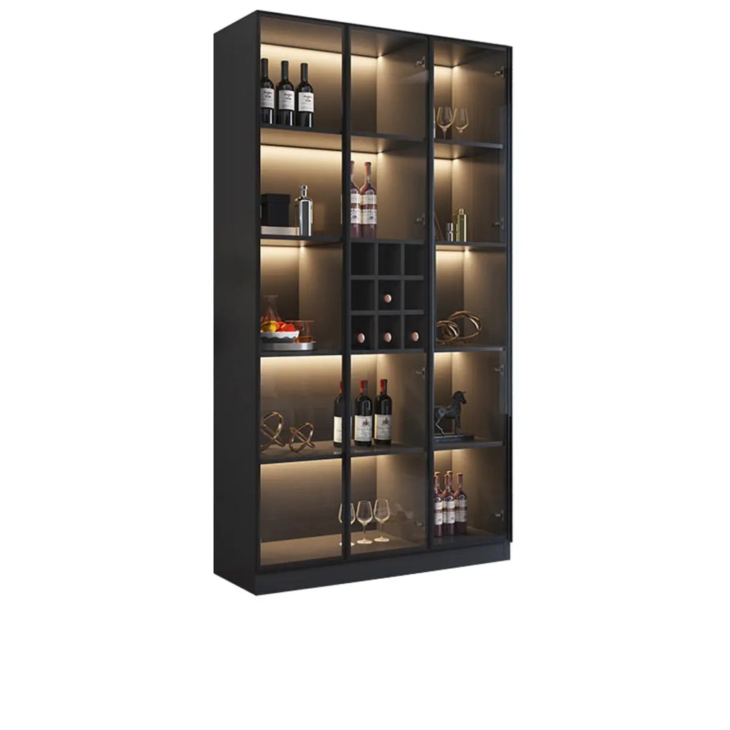 Minimalistische zwarte houten wijnkast met glazen deur